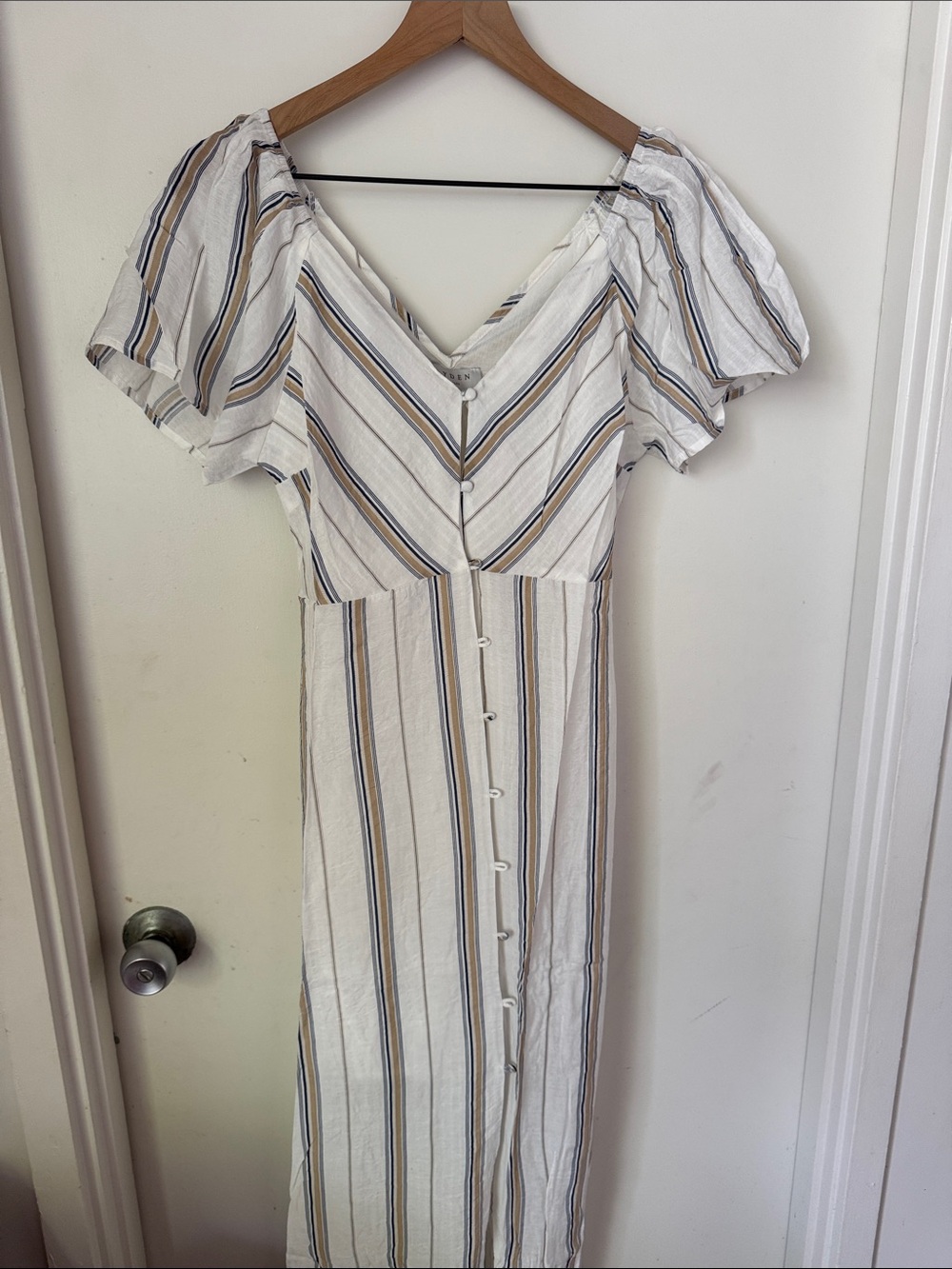 Hayden White Midi Dress with Navy and Tan Stripes